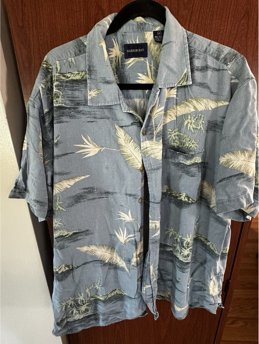 Harbor Bay 2X Blue Hawaiian Aloha Silk Cotton Button Up Shirt Tropical Camp